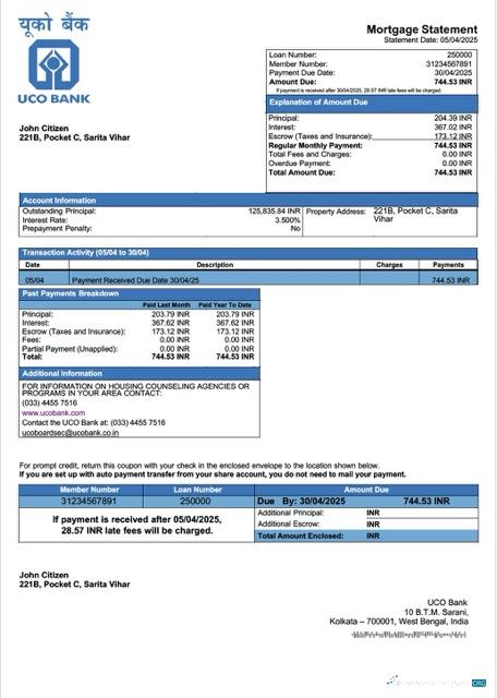 Download India UCO Bank mortgage statement Word and PDF template Photoshop template